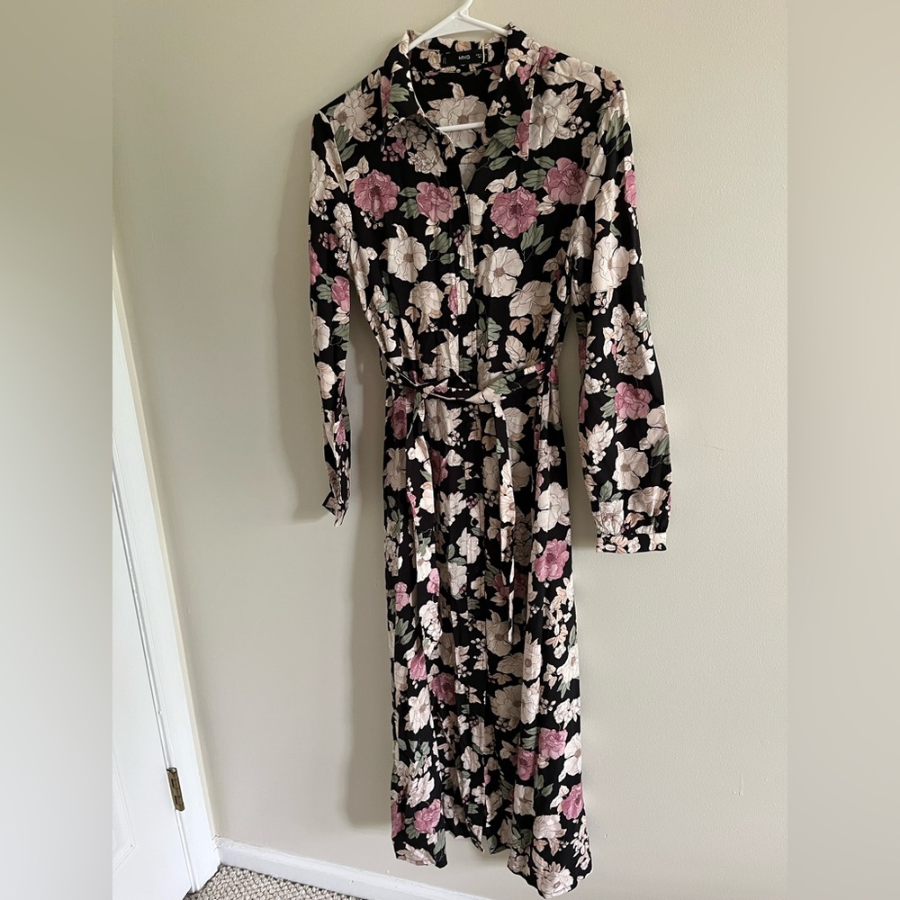 MANGO Floral Black Long Sleeve Maxi Dress